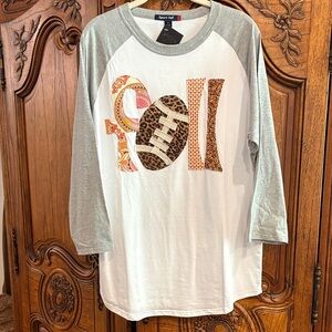 NWT- Gray and White Fall/Football appliqué Raglan Tee- size medium $20